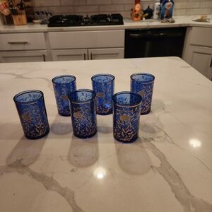 Vintage Cobalt Blue Gold Border Glasses MCM - New Set of‎ 6 Made in Italy
